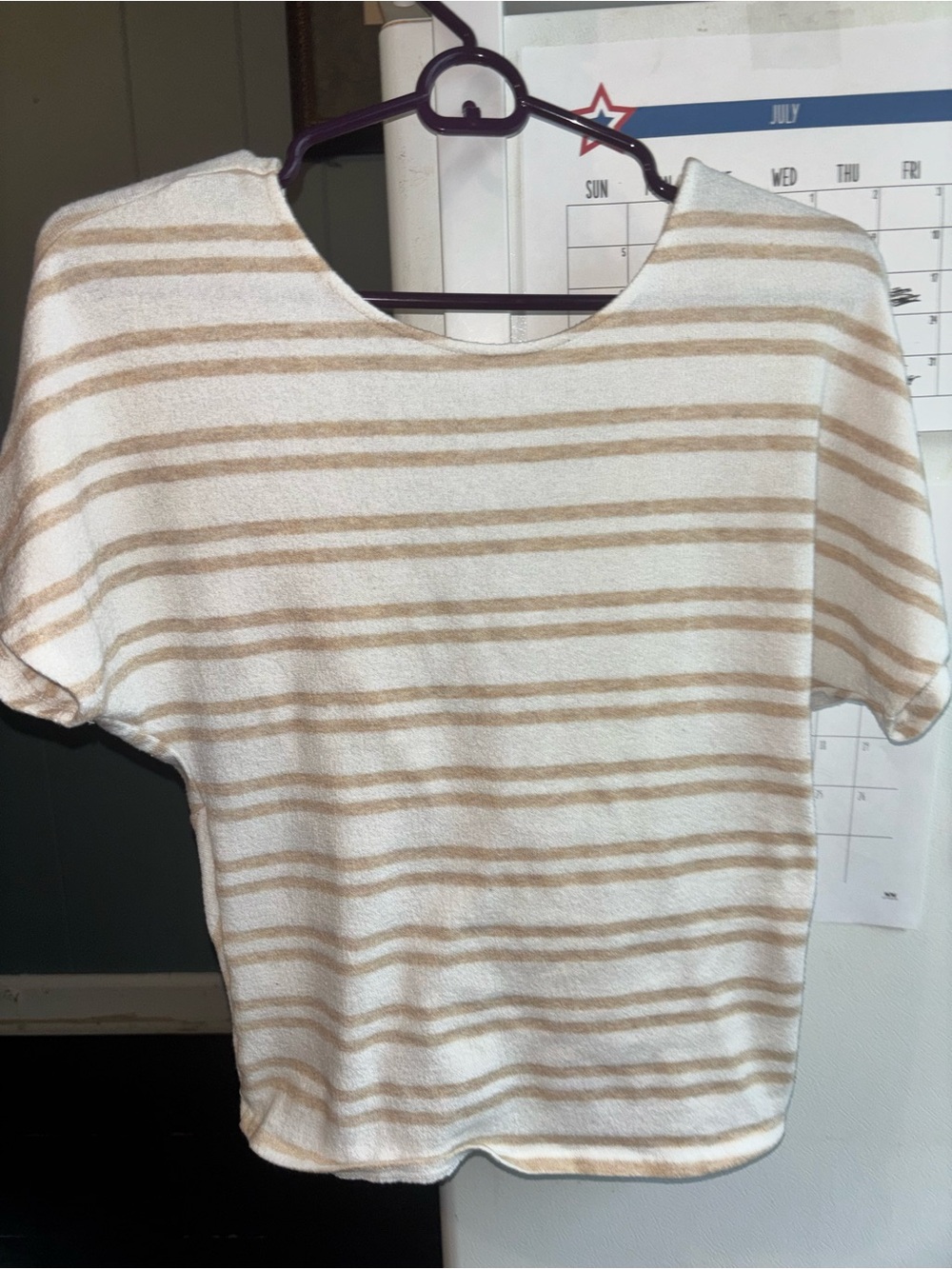 Altar'd State Cream & Tan Striped Short Sleeve Top
